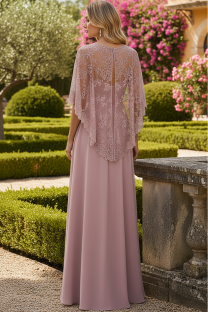 Lace Cape Sleeve Chiffon Evening Gown