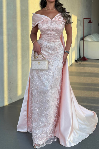 Beaded Column Gown with Draped Satin Train