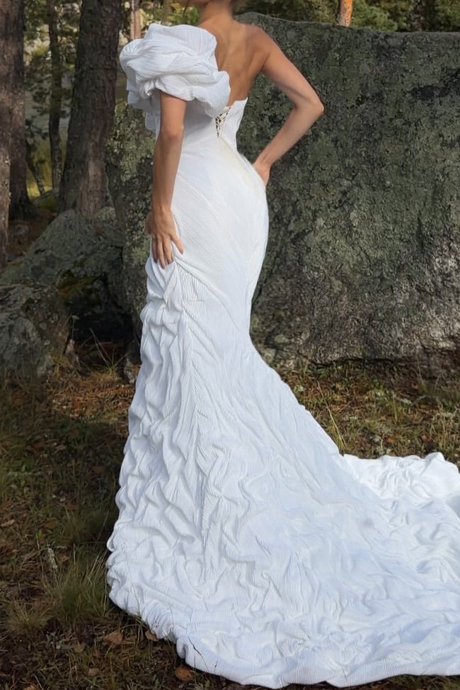 One-Shoulder Textured Gown with Slit and Train