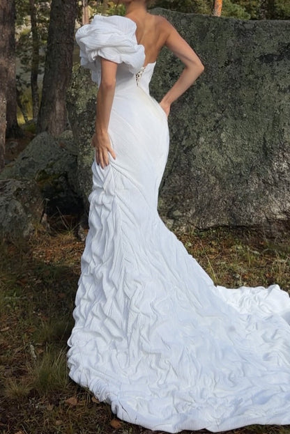 One-Shoulder Textured Gown with Slit and Train