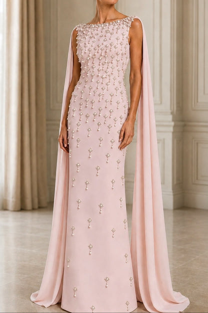 Pearl Beaded Cape Sleeve Column Evening Gown