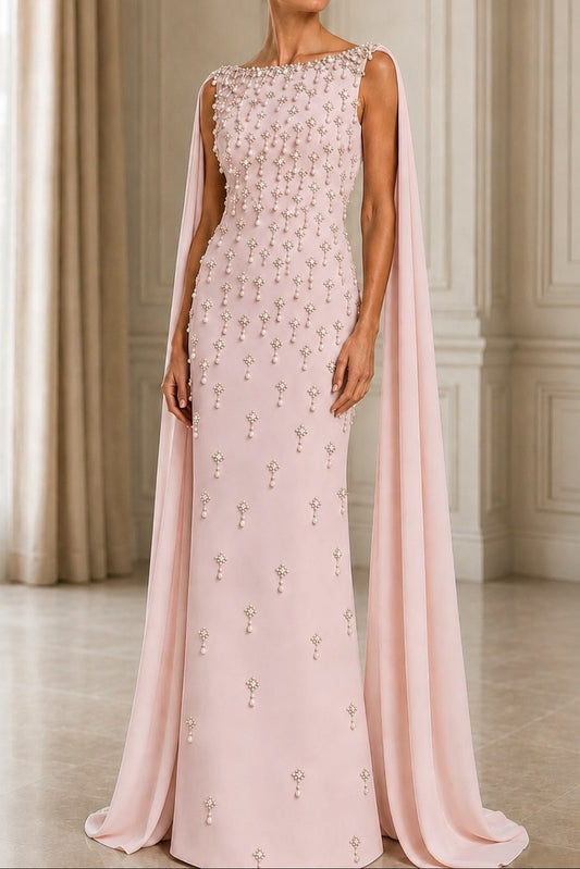 Pearl Beaded Cape Sleeve Column Evening Gown