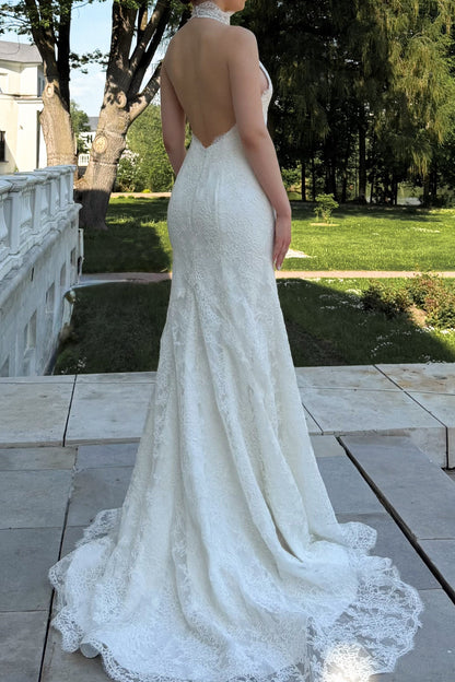Halter High Neck Lace Backless Mermaid Wedding Dress
