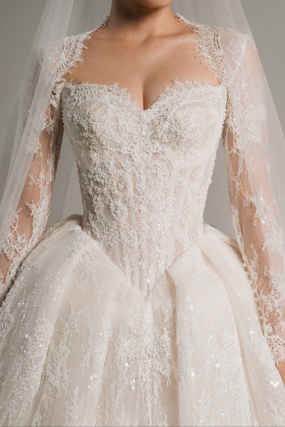 Lace Long-Sleeve Ball Gown Wedding Dress