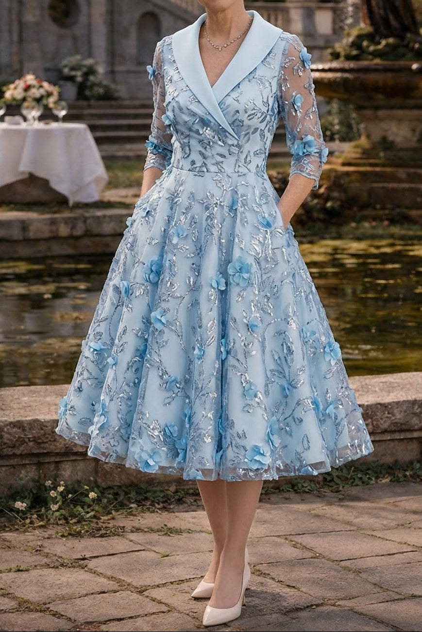 Elegant A-Line Tea-Length Dress with Pockets