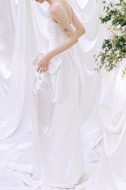 Satin Wedding Dress with Draped Skirt and Bow Detail