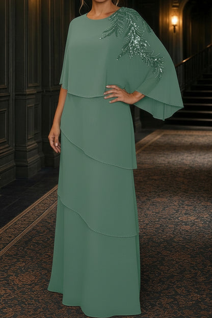 Tiered Capelet Evening Gown with Sequin Accent