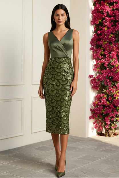 Satin Surplice V-Neck Midi Dress with Sequin Skirt