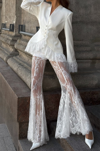Lace Trim Tailored Blazer and Sheer Flared Pants Set
