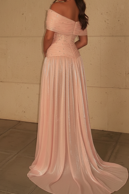 Off-the-Shoulder Ruched Embellished Evening Gown