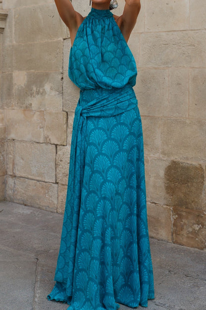 Halter Maxi Dress with Fan Print and Tied Waist