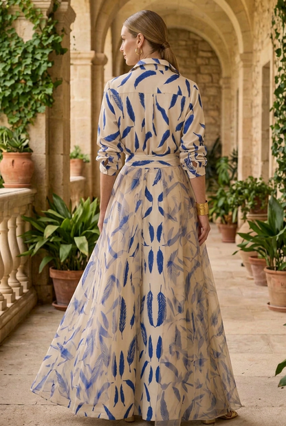 Feather Print Collared Jumpsuit with Tulle Overlay