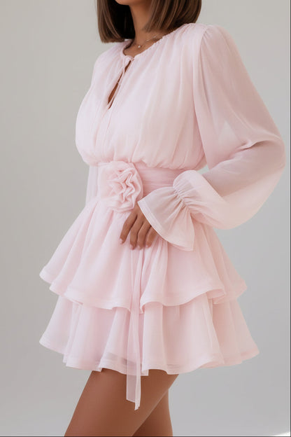 Tiered Long Sleeve Mini Dress with Rosette Waistband