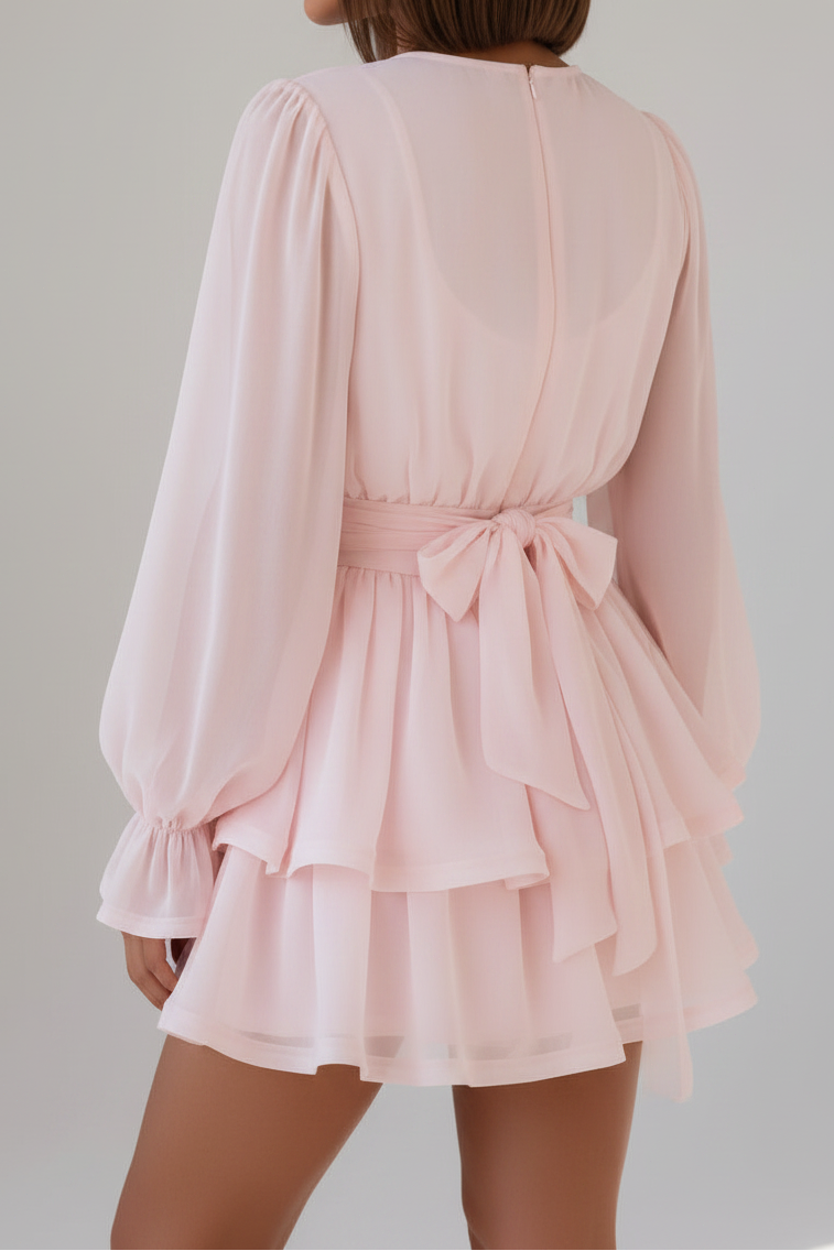 Tiered Long Sleeve Mini Dress with Rosette Waistband