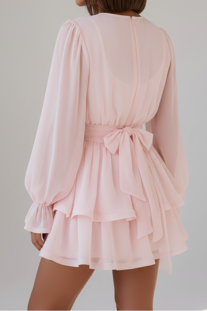 Tiered Long Sleeve Mini Dress with Rosette Waistband