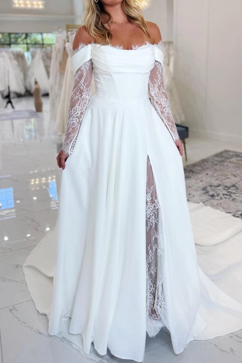 Off Shoulder Lace Sleeve A-Line Wedding Dress