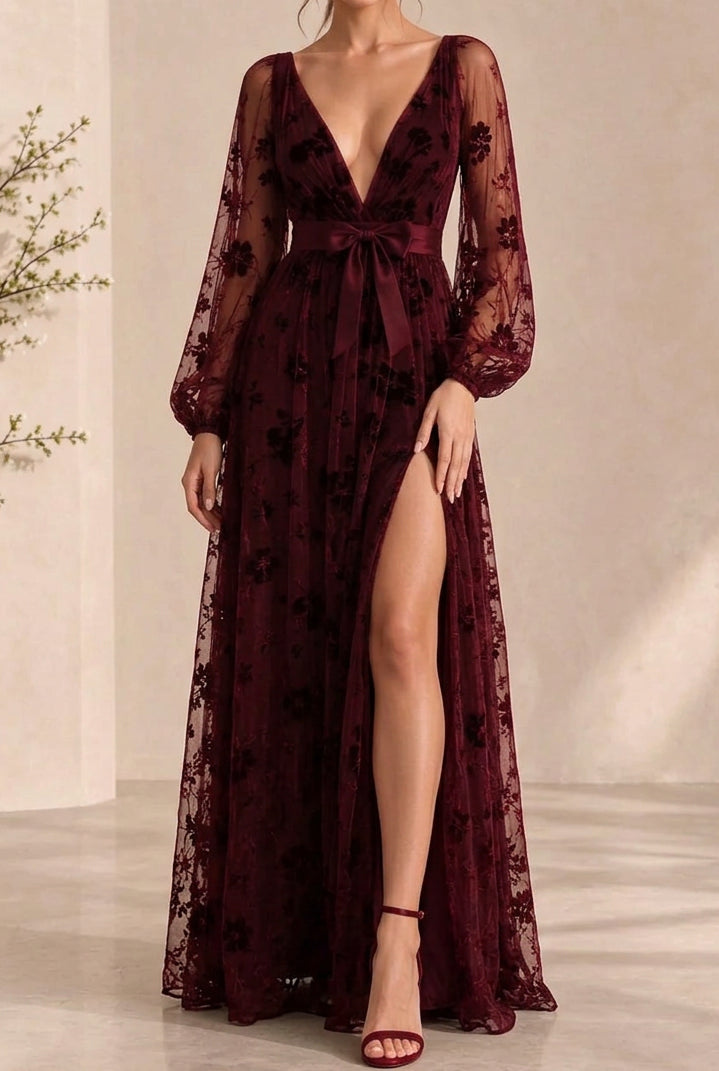 Floral Burnout Deep V-Neck Slit Gown