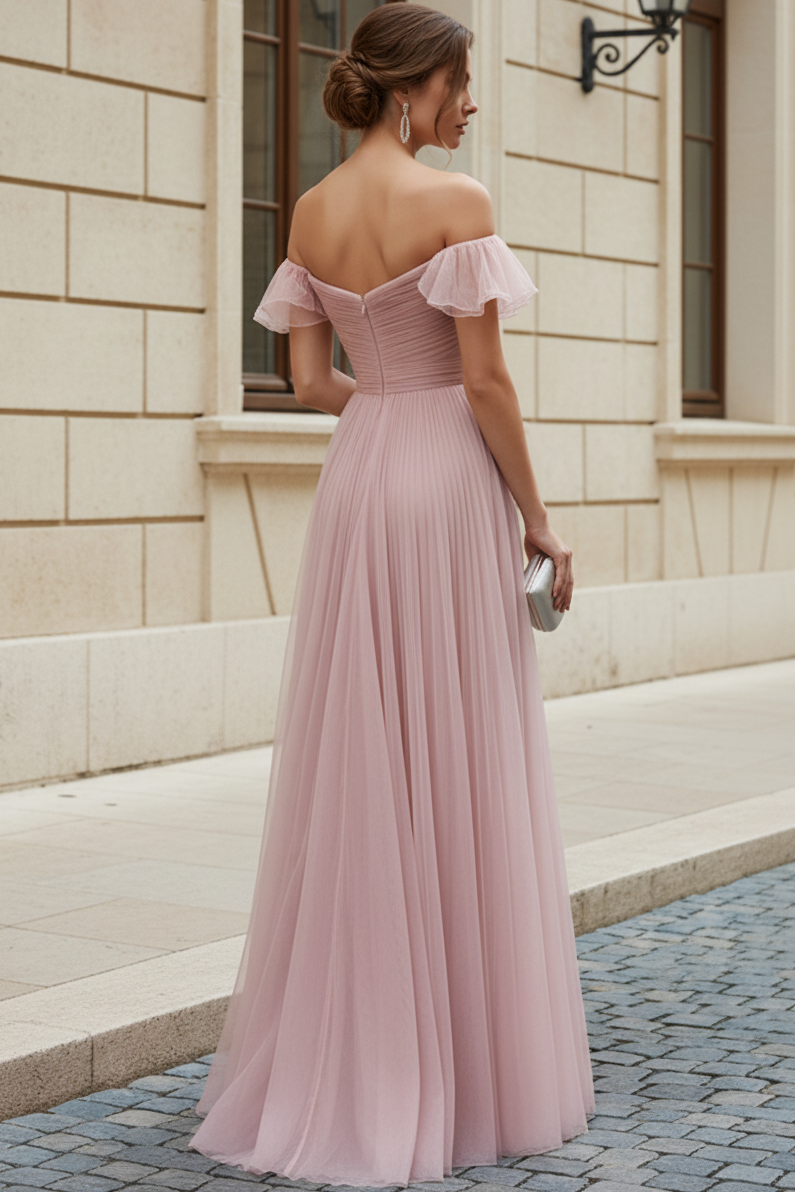 Off-the-Shoulder Pleated Tulle A-Line Evening Gown