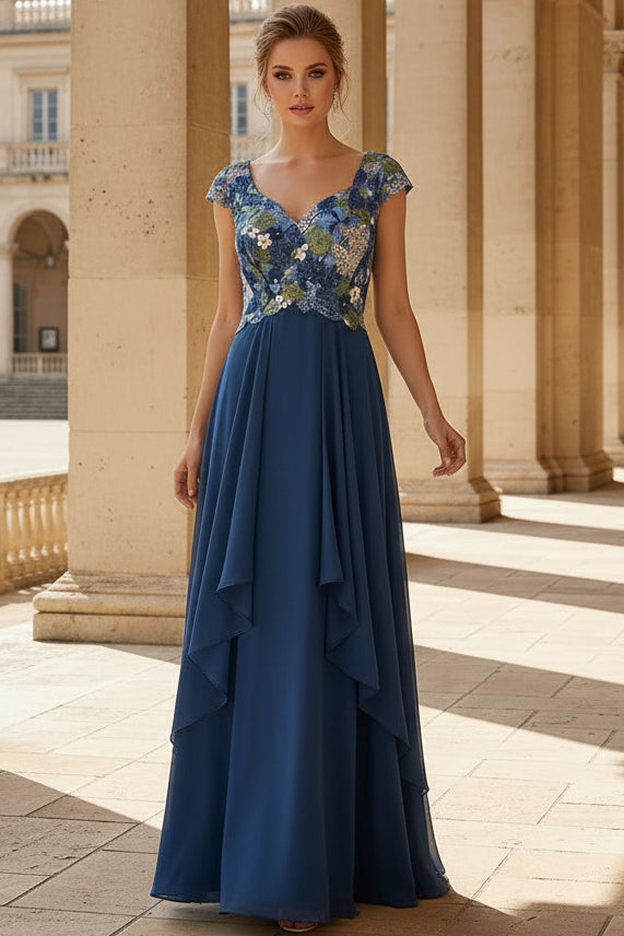 Floral Embroidered Cap Sleeve A-Line Gown