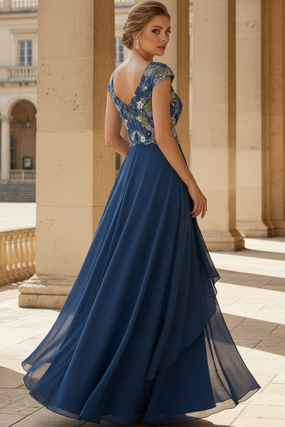 Floral Embroidered Cap Sleeve A-Line Gown