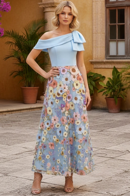 One-Shoulder 3D Floral A-Line Maxi Dress