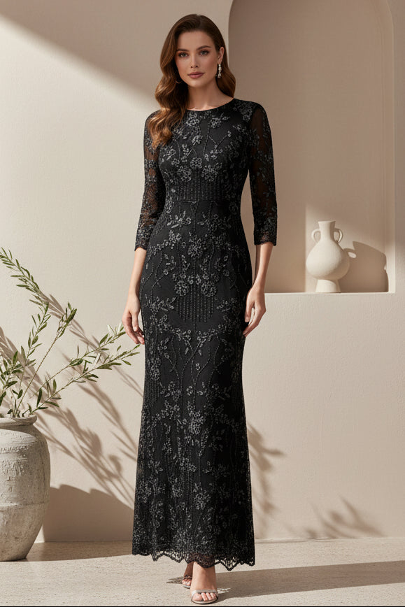 Elegant Beaded Sheath Evening Gown with 3/4 Sleeves