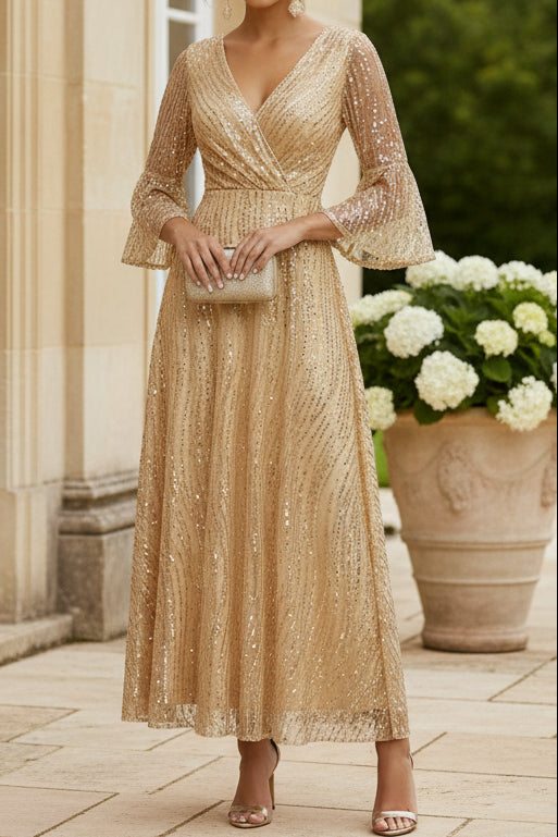 Sequin Wrap V-Neck Bell Sleeve A-Line Gown