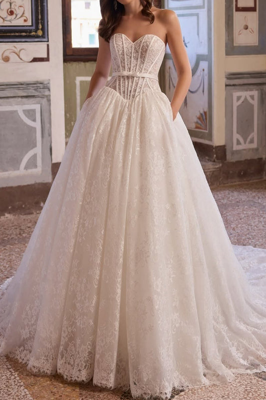 Strapless Sweetheart Lace Ball Gown with Pockets