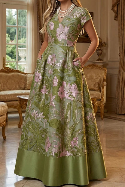 Floral Jacquard A-Line Gown with Pockets