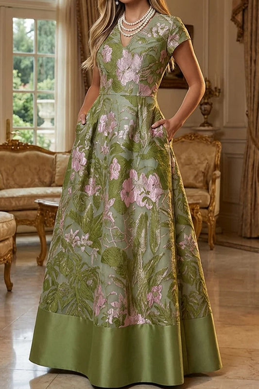 Floral Jacquard A-Line Gown with Pockets