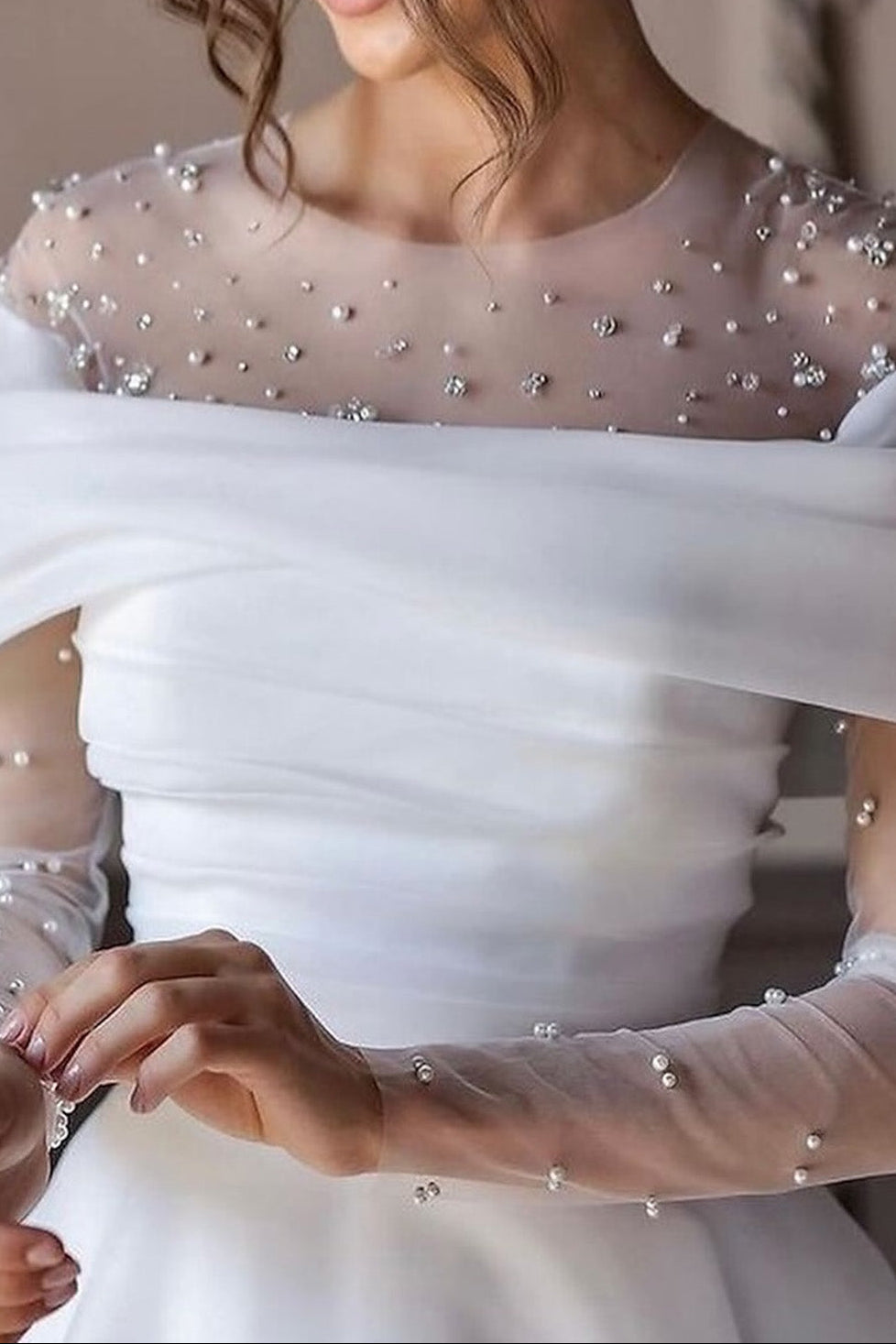 Pearl Illusion Off-the-Shoulder Satin Wedding Dress