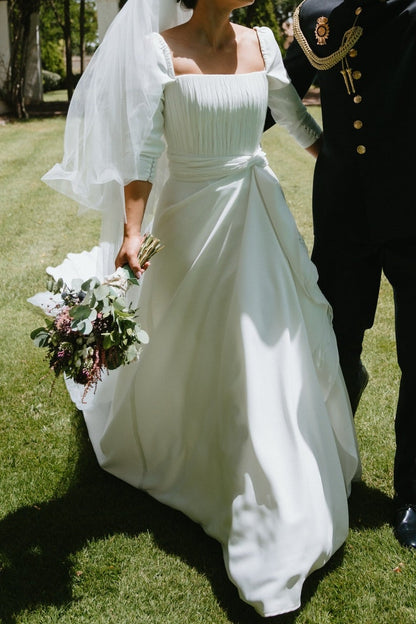 Square Neck A-Line Crepe Wedding Dress with Train