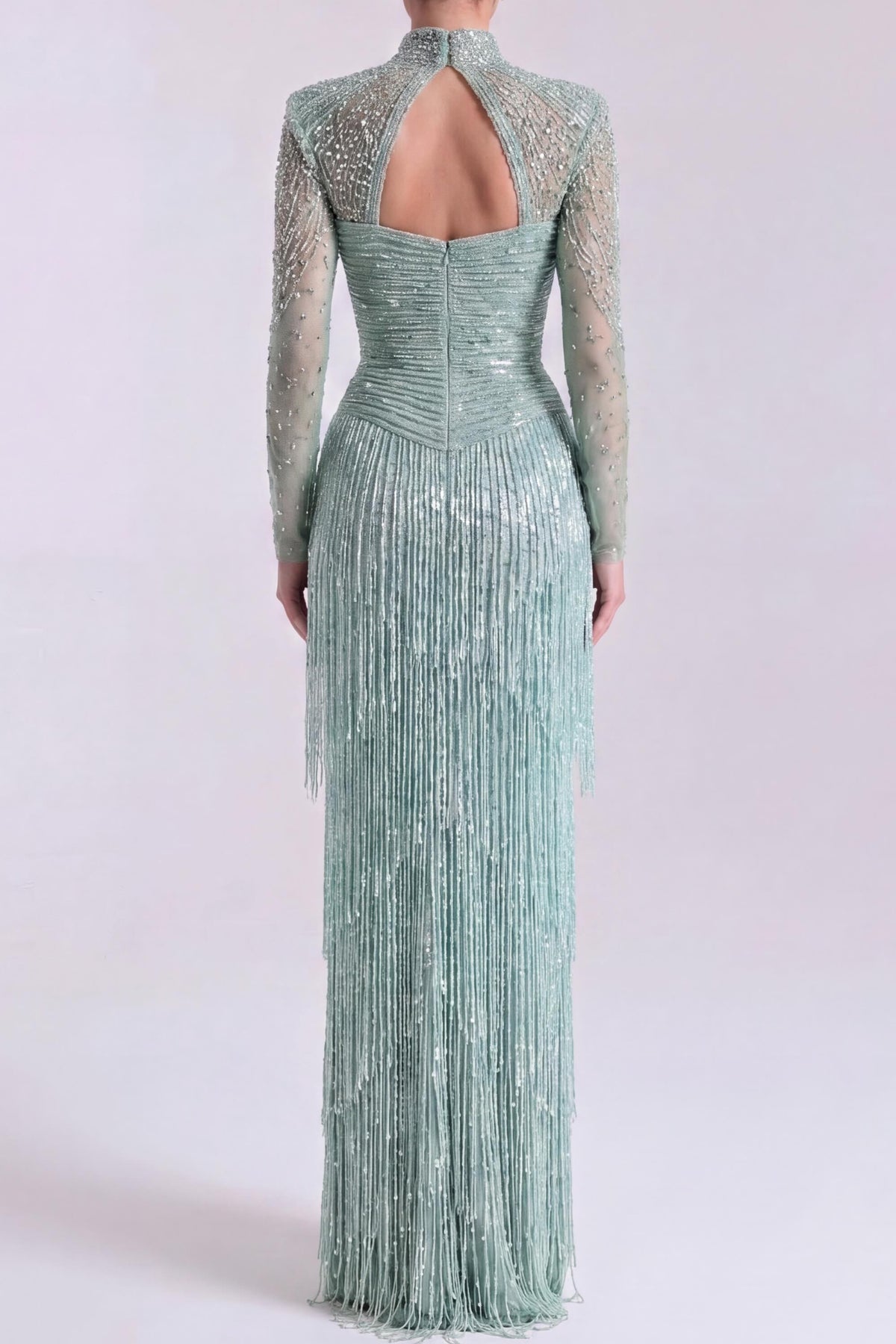 Beaded Fringe Long Sleeve Evening Gown