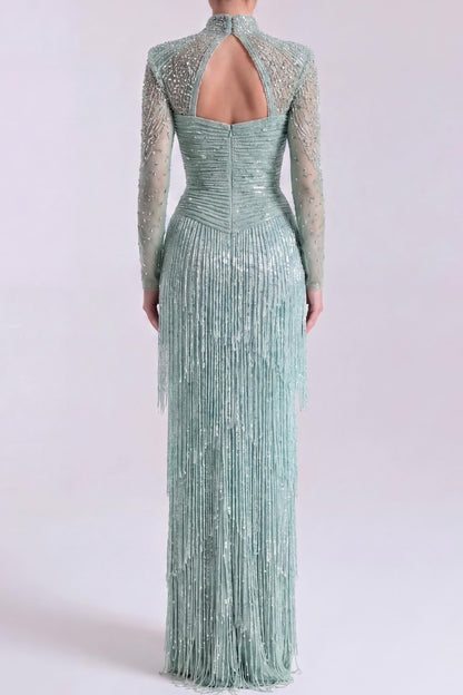Beaded Fringe Long Sleeve Evening Gown