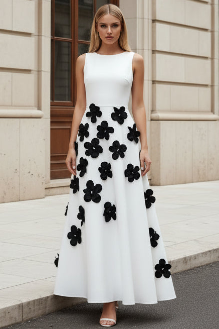 Sleeveless A-Line Dress with 3D Floral Appliques