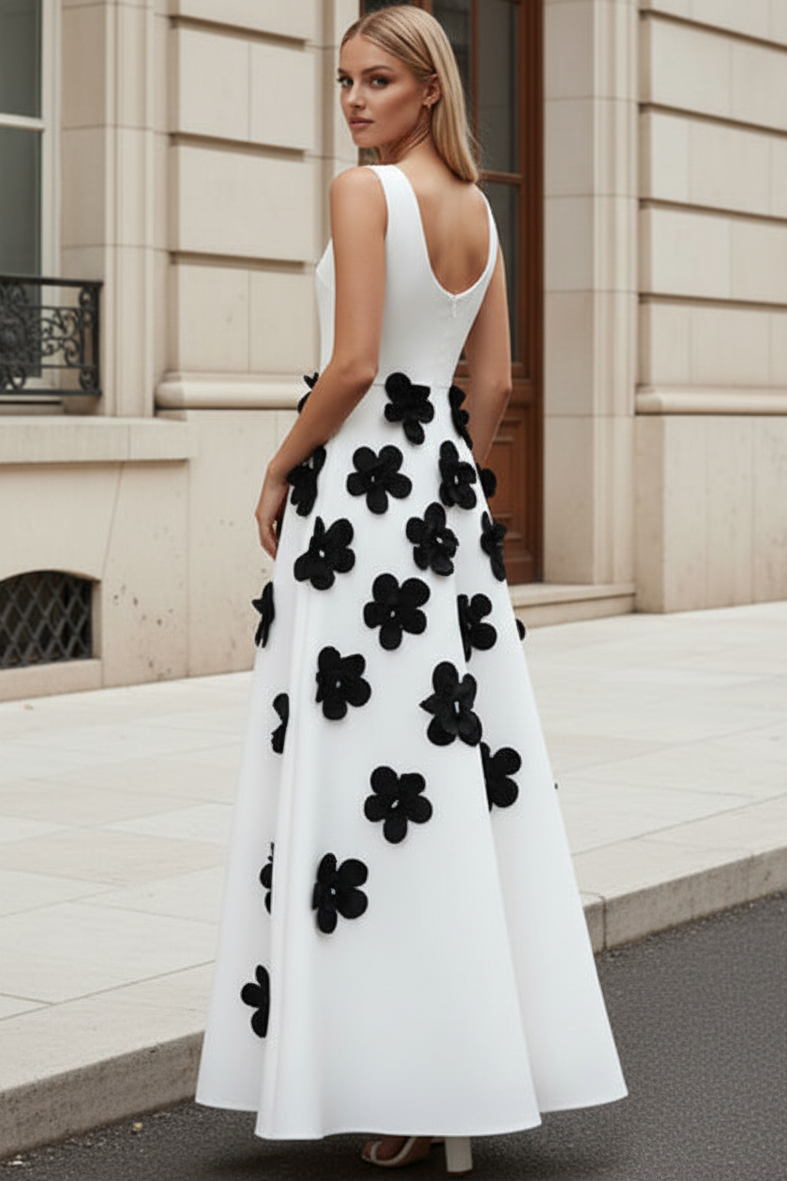 Sleeveless A-Line Dress with 3D Floral Appliques