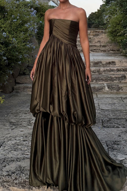 Strapless Ruched Bubble Hem Evening Gown