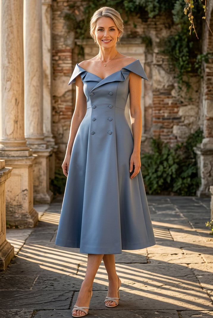 Double-Breasted Off-the-Shoulder Midi Dress