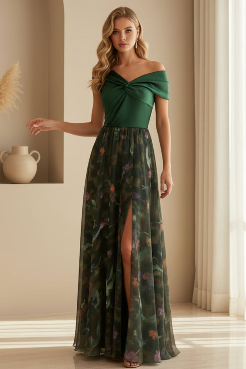 Twist Off-Shoulder Gown with Floral Slit Skirt