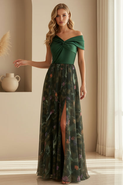 Twist Off-Shoulder Gown with Floral Slit Skirt