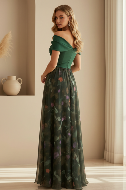 Twist Off-Shoulder Gown with Floral Slit Skirt