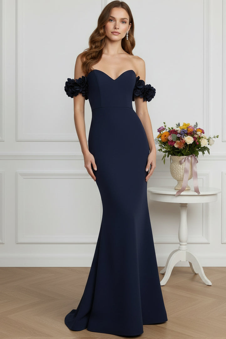 Off-the-Shoulder 3D Floral Crepe Evening Gown