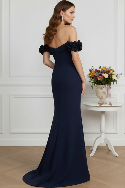 Off-the-Shoulder 3D Floral Crepe Evening Gown