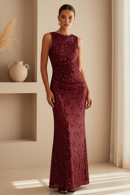 Sleeveless Ruched Sequin Maxi Gown