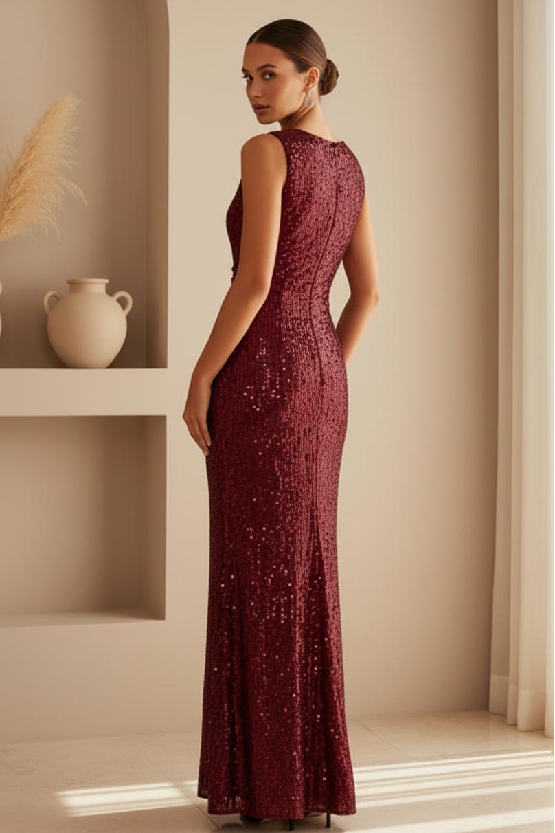 Sleeveless Ruched Sequin Maxi Gown