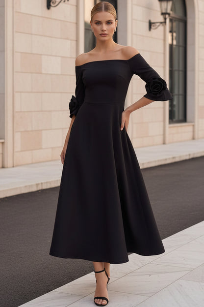 Off-the-Shoulder A-Line Midi Dress with 3D Flowers