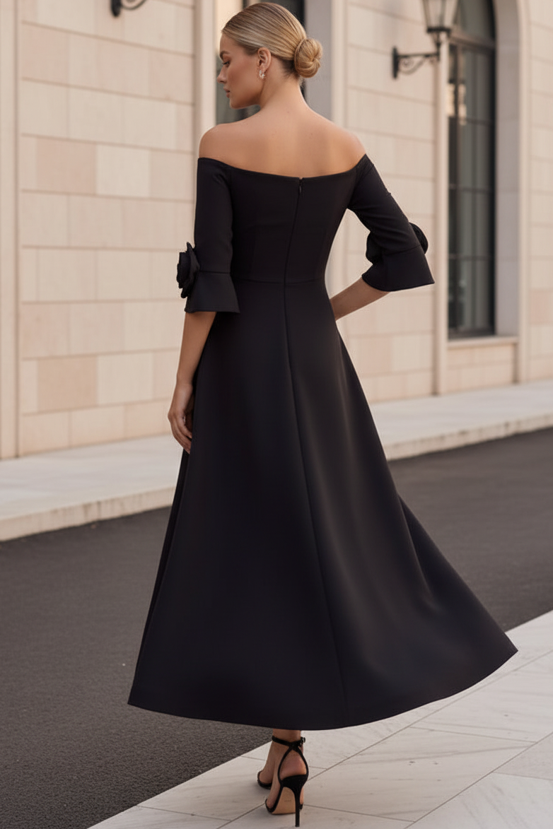 Off-the-Shoulder A-Line Midi Dress with 3D Flowers