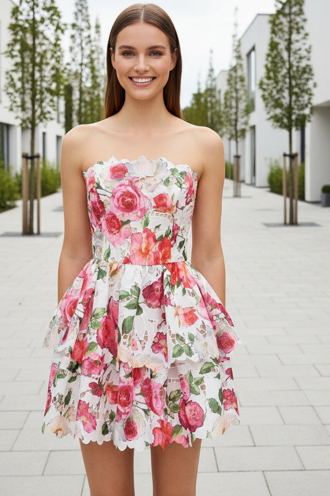 Strapless Tiered Floral Lace Mini Dress