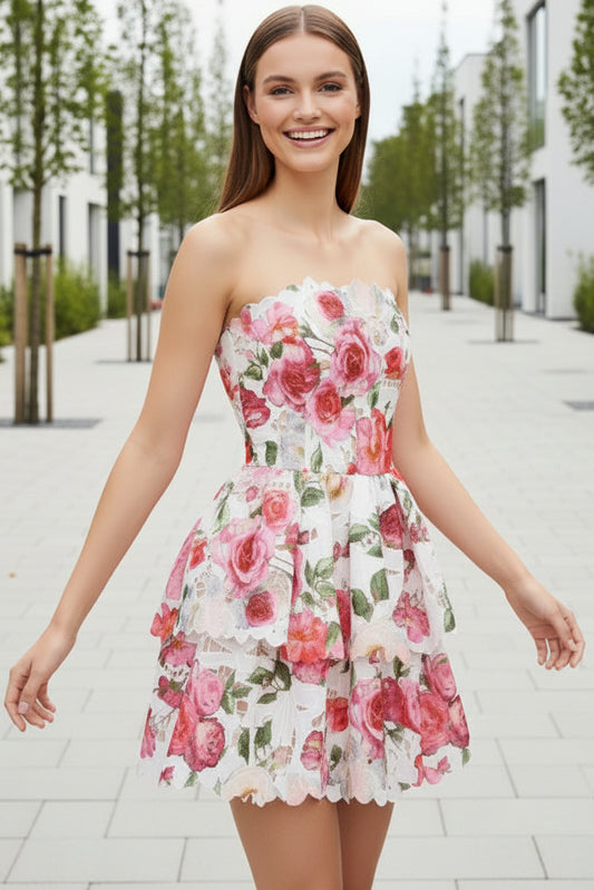 Strapless Tiered Floral Lace Mini Dress