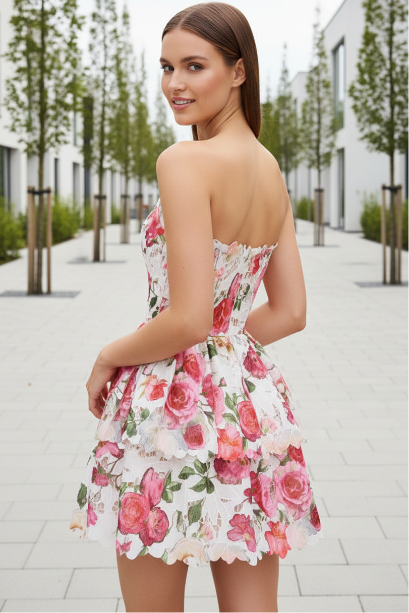 Strapless Tiered Floral Lace Mini Dress